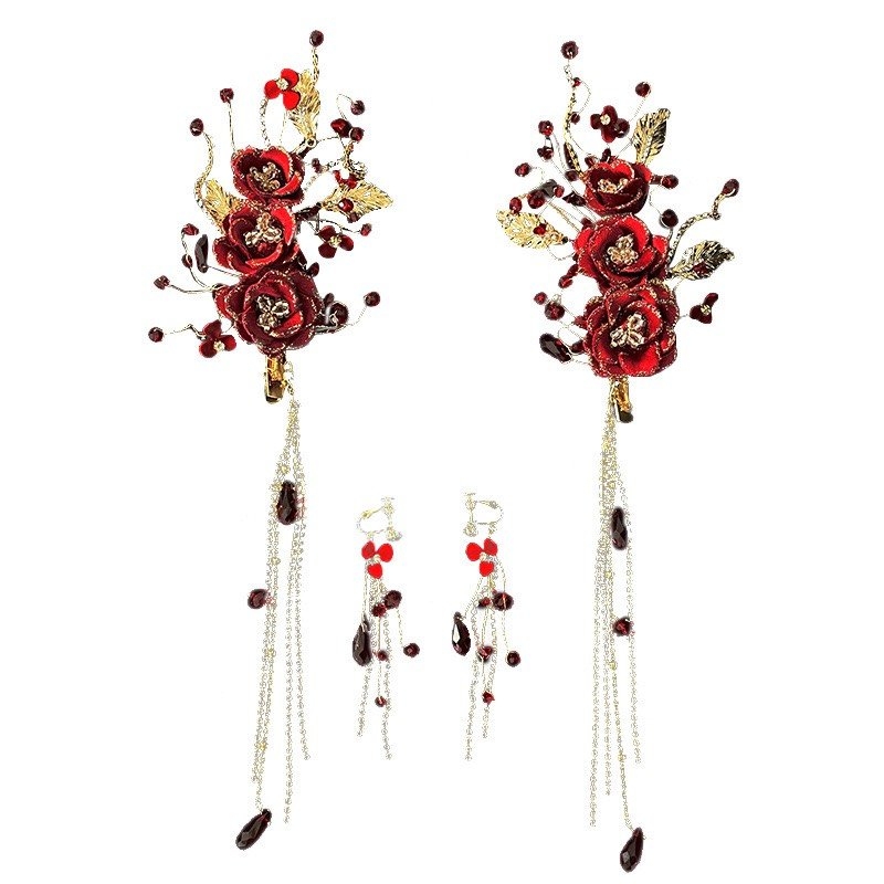 Cài tóc cô dâu hoa vải đỏ đính pha lê kèm bông tai mẫu t12/2023 SP2224865   giangpkc-phu-kien-thoi-trang