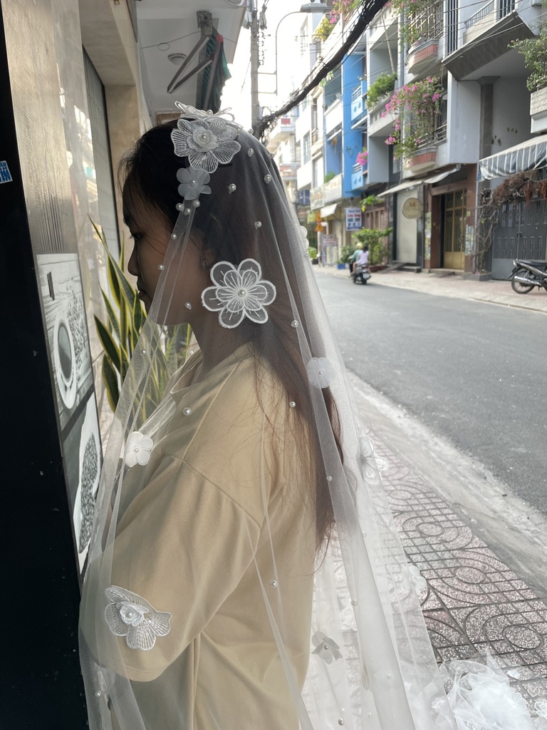 Voan 3m cài tóc cô dâu đính 99 hoa ren độc đáo Giangpkc 4-2024 giangpkc-phu-kien-thoi-trang