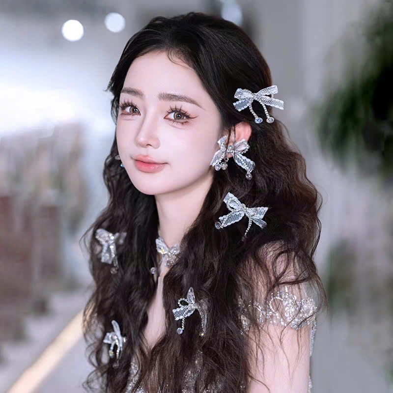 Bộ nơ cài tóc cô dâu đính đá gồm  5 nơ bông tai và bộ dây cổ ren mới 2025  giangpkc-phu-kien-thoi-trang