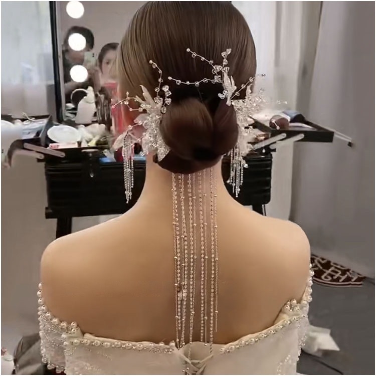 Cài tóc cô dâu lá lấp lánh dây tua dài tặng kèm hoa tai mẫu mới tháng 3/2023  giangpkc-phu-kien-thoi-trang SP2222613