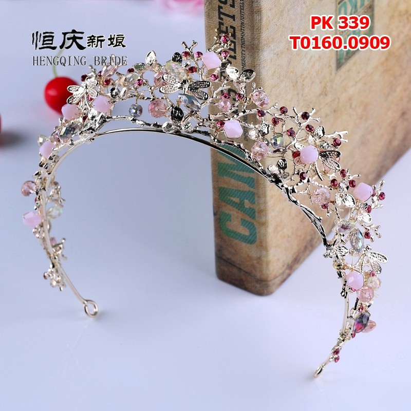 Vương miện cô dâu đính hạt hồng đẹp