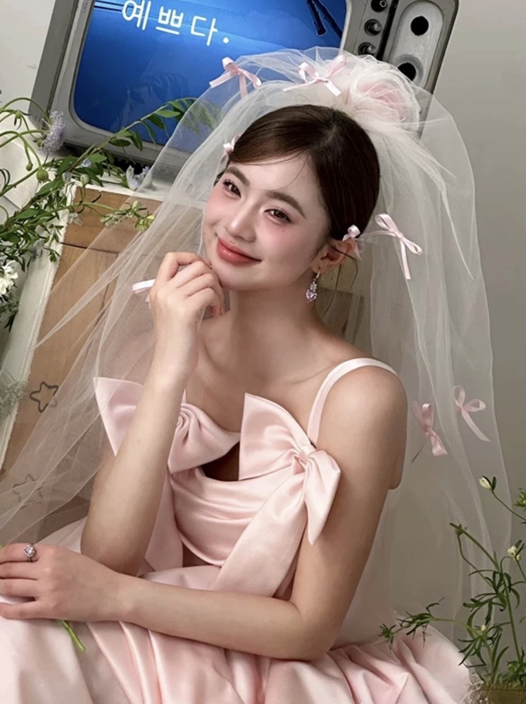 Voan cài tóc cô dâu sẵn xược 1m đính nơ hồng 2 lớp đẹp  giangpkc-phu-kien-thoi-trang