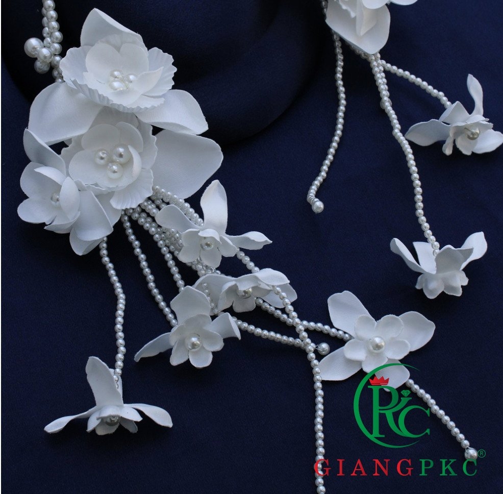 Cài tóc cô dâu hoa trắng dây hạt trai 9-2022 Giangpkc  giangpkc-phu-kien-thoi-trang