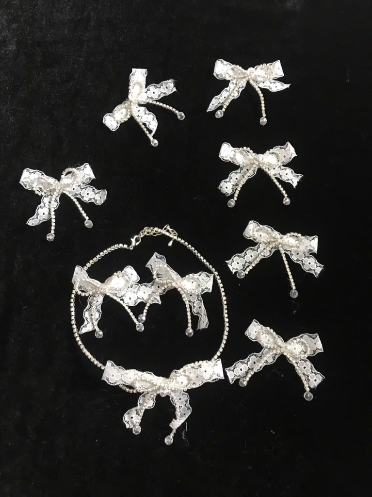 Bộ nơ cài tóc cô dâu đính đá gồm  5 nơ bông tai và bộ dây cổ ren mới 2025  giangpkc-phu-kien-thoi-trang