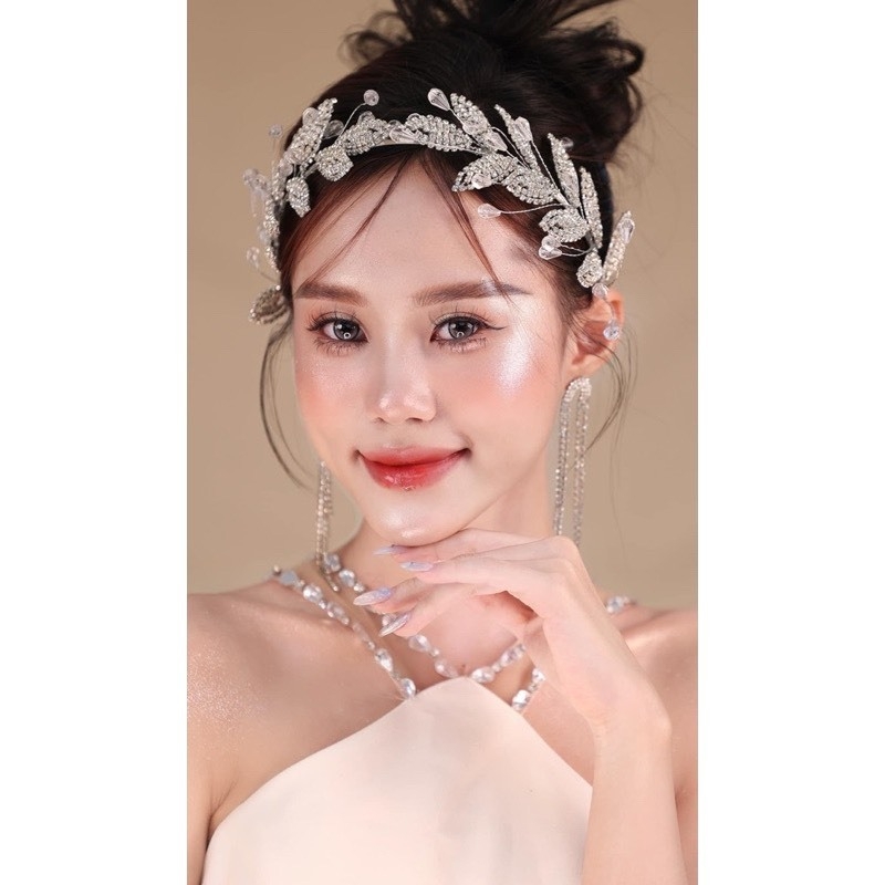 Băng đô cài tóc cô dâu đá trắng hình lá cài hai bên