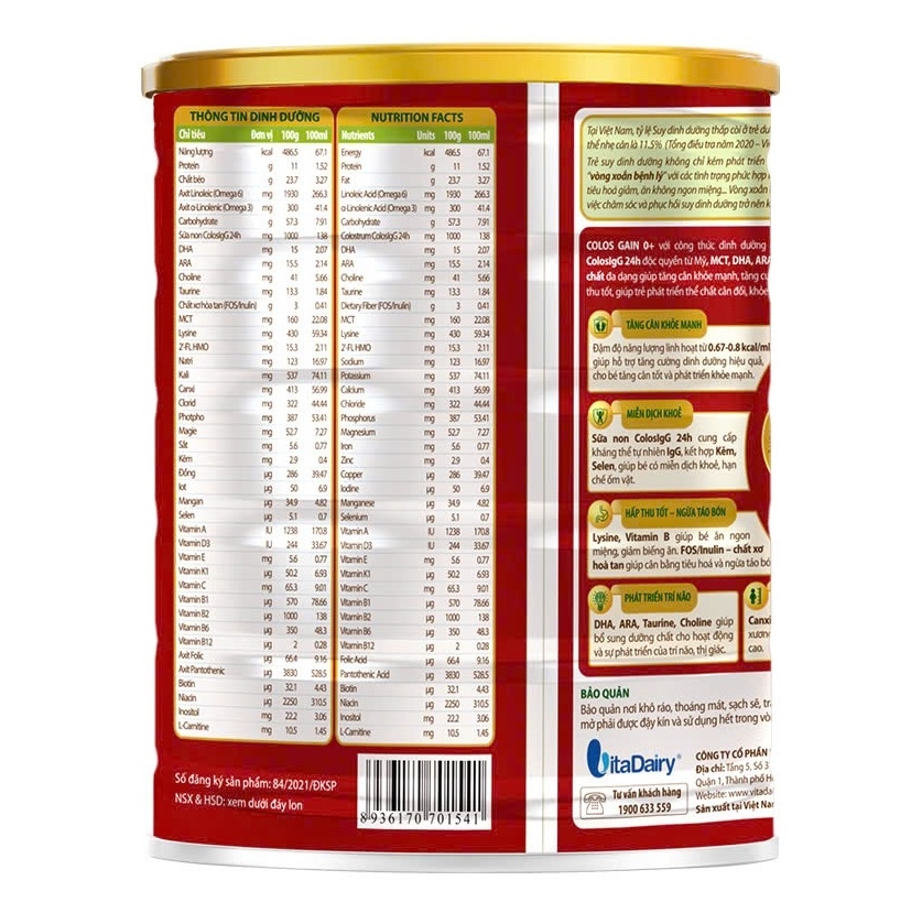 Sữa COLOS GAIN 0+ 800g (0-12 tháng tuổi)