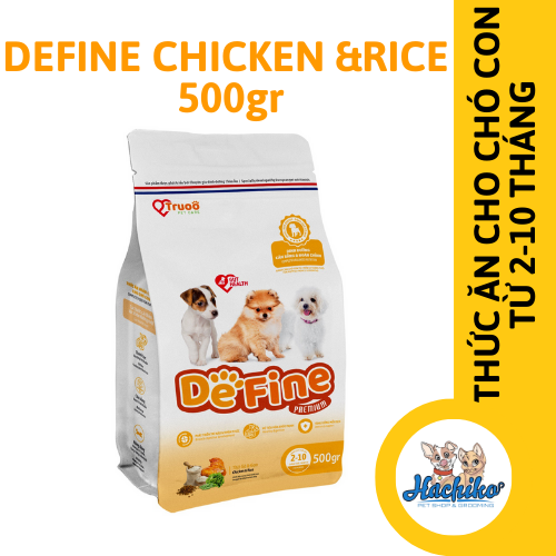 Thức ăn khô Define hoàn chỉnh cho chó con (2-10 tháng tuổi) vị gà và gạo 500gr