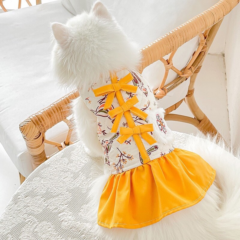 Váy sọc đính nơ xanh cho chó mèo – PawPaw Petshop