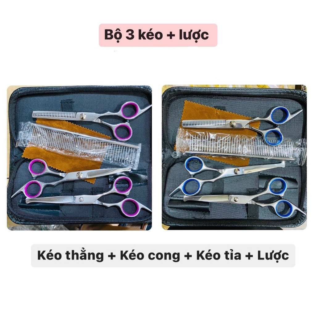 Bộ 3 kéo (kéo cong + kéo thẳng + kéo răng + lược) màu xanh và màu hồng