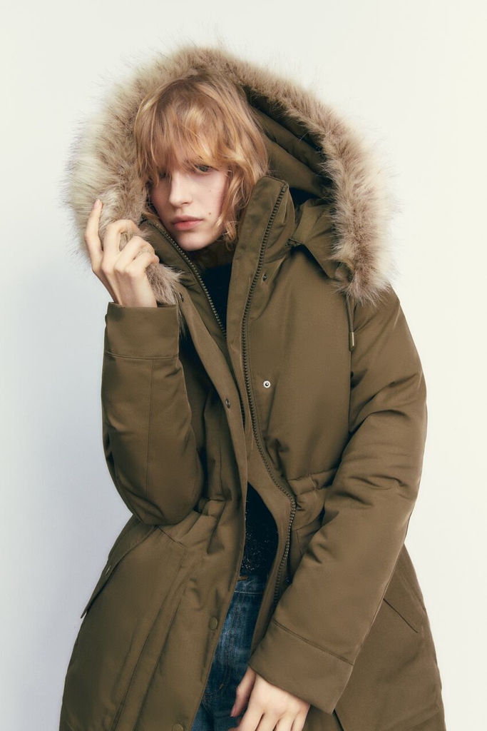 Áo khoác dáng dài chống nước có mũ, mũ/lông mũ có thể tháo rời, eo điều chỉnh Zara Auth New Tag có sẵn 0518/044 0518044