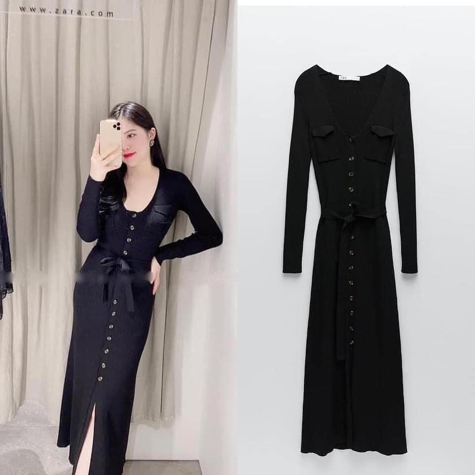 Váy len tăm dáng dài cổ V tròn đai eo Zara Auth New Tag có sẵn 0014/017 0014017