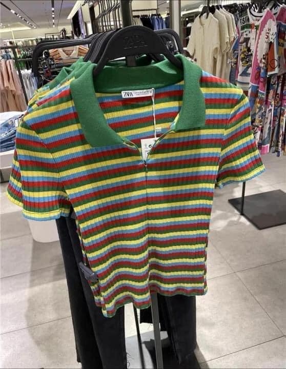 Áo thun gân cổ Polo khóa kéo viền xanh Zara Auth New Tag có sẵn 0264/808 0264808