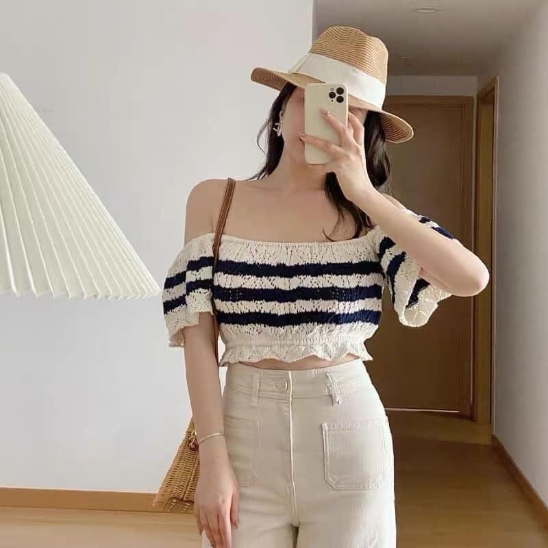 Áo len móc tay ngắn cổ vuông dáng croptop Zara Auth New Tag có sẵn 3991/030 3991030