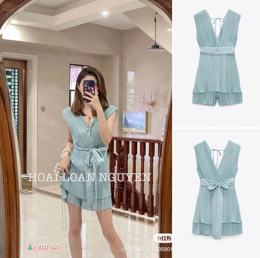 Jumpsuit dáng ngắsn dập ly cổ V Zara Auth New Tag có sẵn 2157/050 2157050