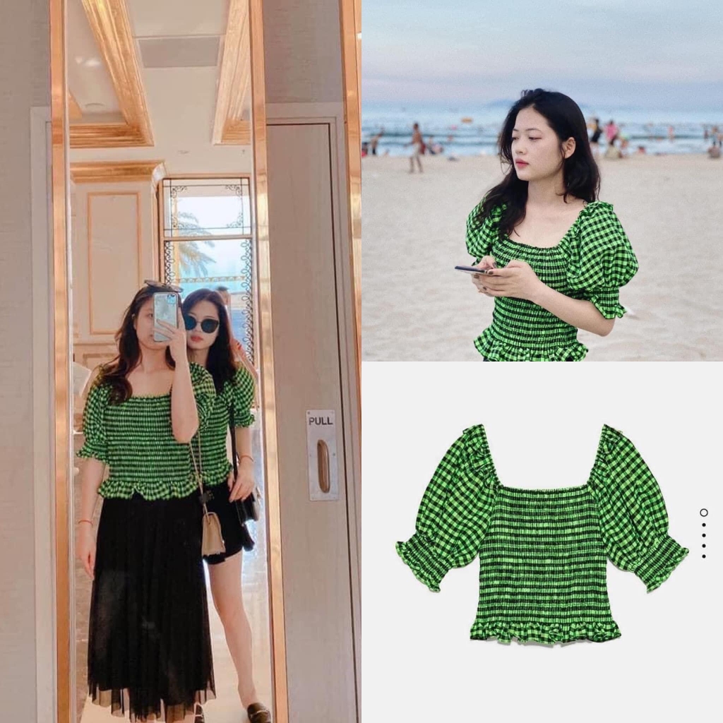 Áo Blouse kẻ chun tay bồng Zara Auth New Tag 3198/041 3198041
