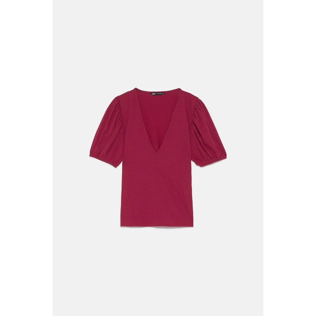 Áo Thun gân cổ V dáng ôm Zara Auth New Tag có sẵn 5644/801 5644801