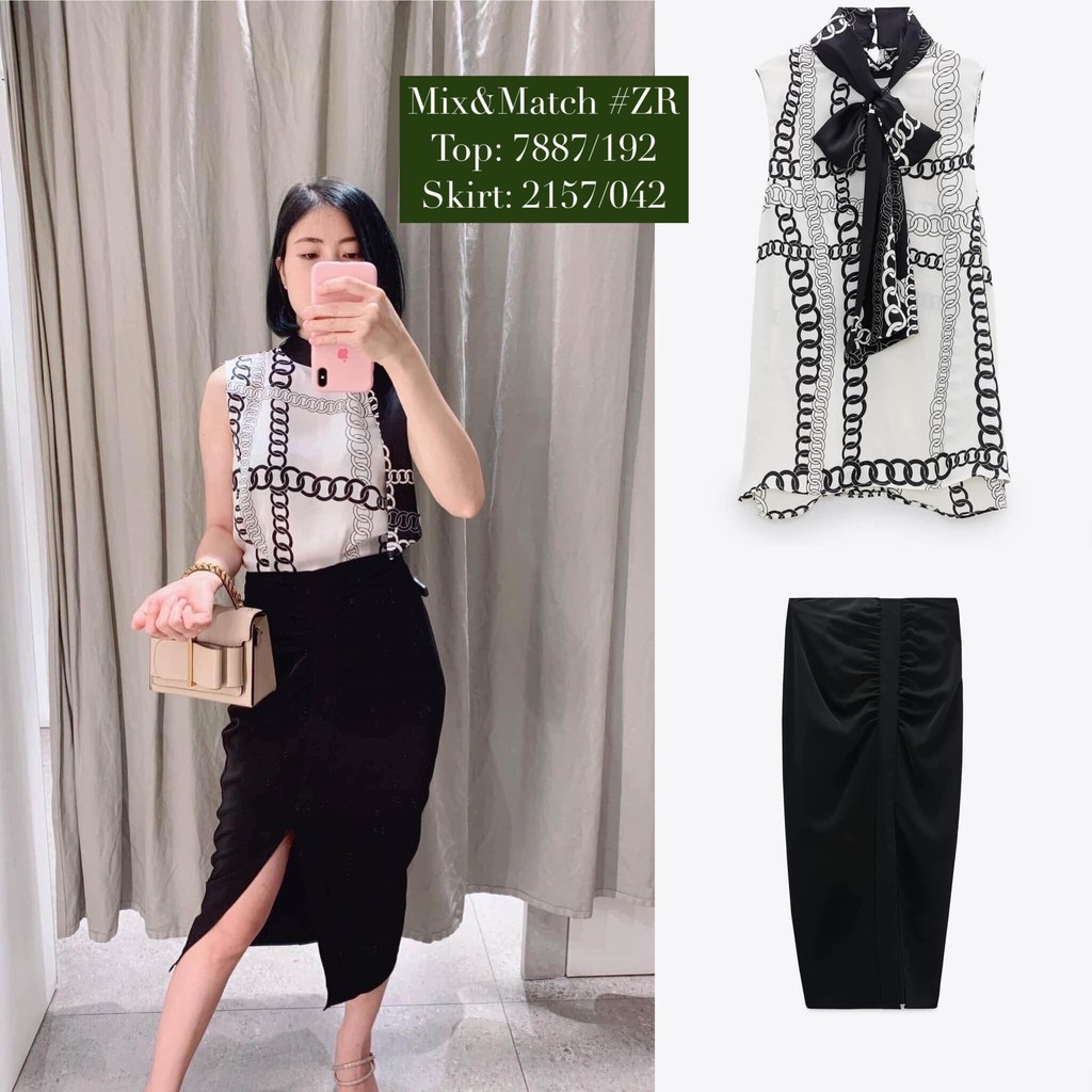 Áo kiểu không tay nơ cổ họa tiết dây xích Zara Auth new tag có sẵn 7887/192 7887192