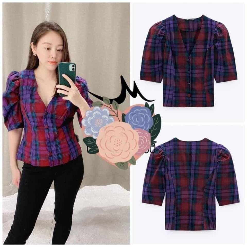 Áo kiểu kẻ cổ V Zara Auth New tag có sẵn 8574/225 8574225