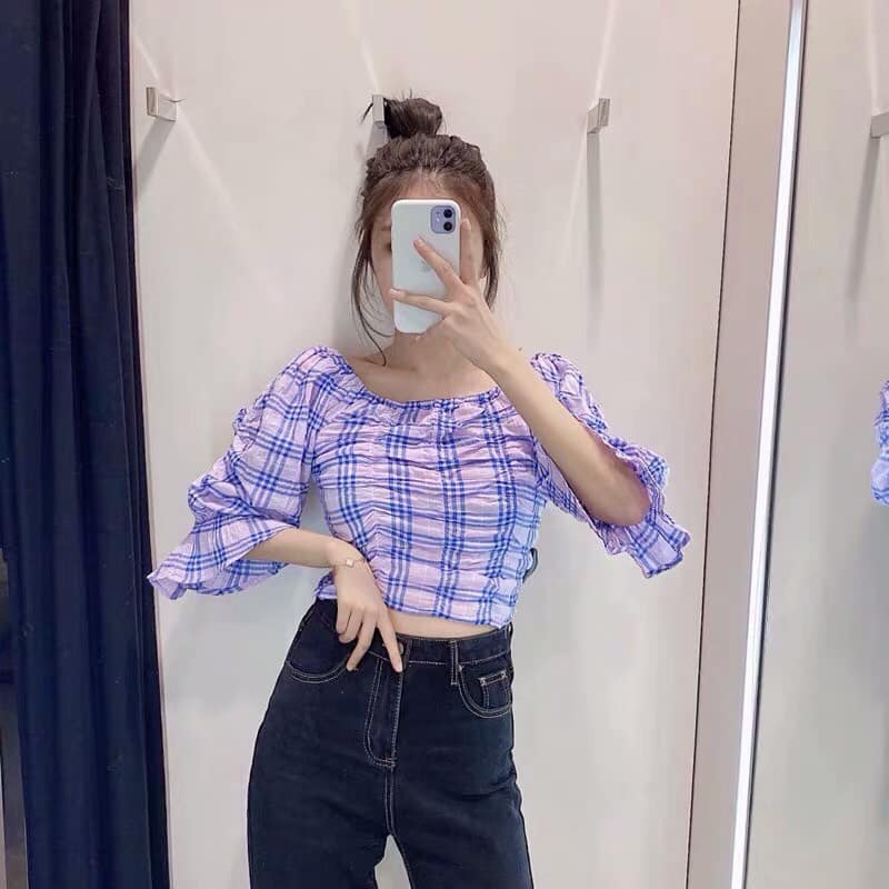Áo croptop kẻ tím tay lỡ Zara Auth New Tag có sẵn 8574/028 8574028
