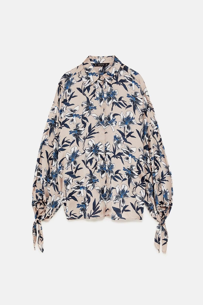 Áo sơ mi lụa in hoa dáng rộng tay nơ Zara Auth New Tag có sẵn 8129/145 8129145
