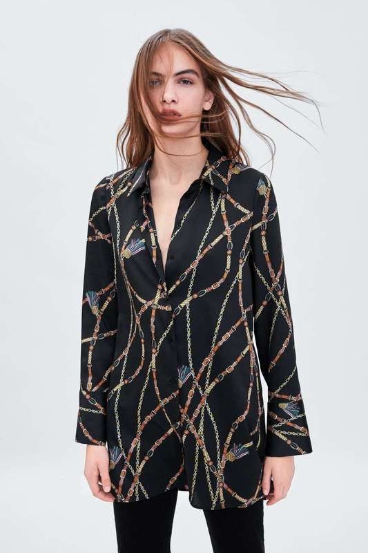 Áo sơ mi lụa dáng dài họa tiết dây Zara Auth New Tag có sẵn 8477/431 8477431