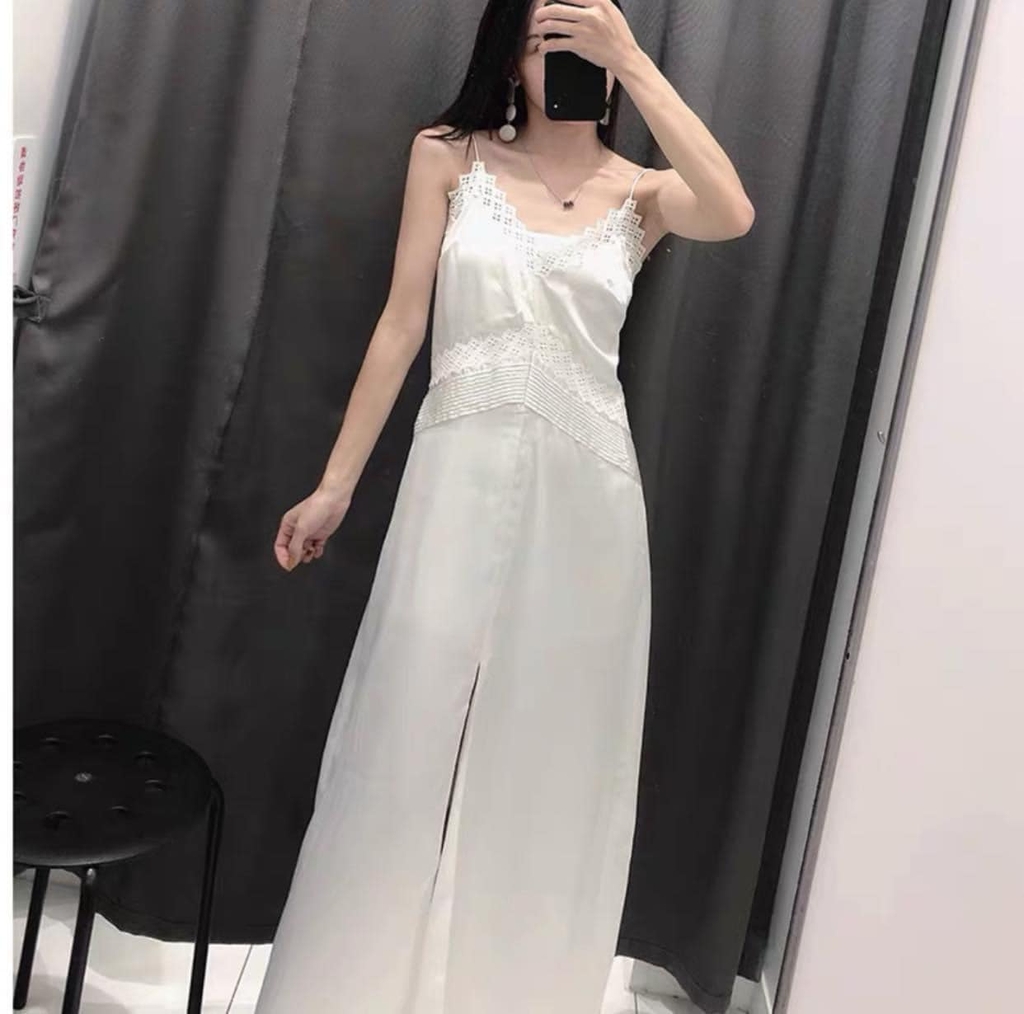 Váy lụa hai dây dáng dài trắng viền ren Zara Auth New Tag có sẵn 0881/141 0881141