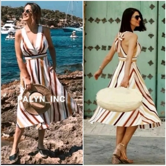 Váy sọc dáng dài cổ V dây chéo lưng Zara Auth New Tag có sẵn 7759/005 7759005
