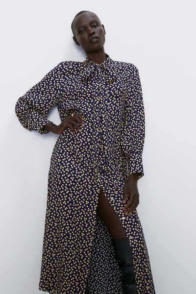 Váy dáng dài shirt dress chấm bi vàng nơ cổ Zara Auth New Tag có sẵn 8589/098 8589098