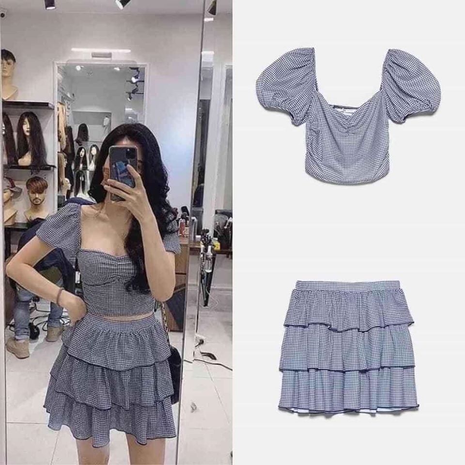Chân váy tầng kẻ dáng ngắn Zara Auth New Tag có sẵn 0219/310 0219310 (có áo cùng bộ)