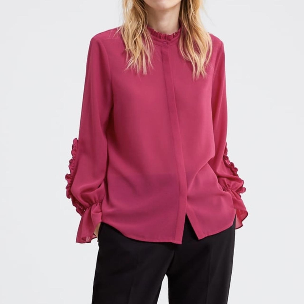 Áo Blouse viền cổ tay màu Fuchsia Zara Auth New Tag có sẵn 7901/276 7901276
