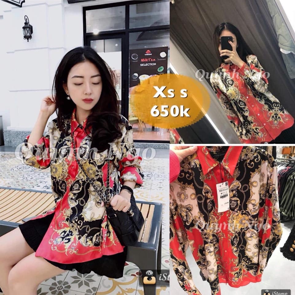 Áo sơ mi lụa dáng dài Black & Red Zara Auth New Tag có sẵn 8059/938 8059938