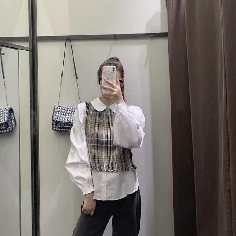 Áo cổ sen phối tweed Zara Auth new tag có sẵn 8837/175 8837175
