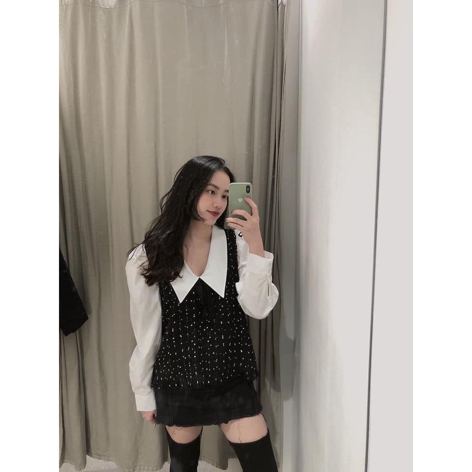 Áo kiểu trắng dài tay phối tweed cổ V Zara Auth new tag 8351/022 8351022