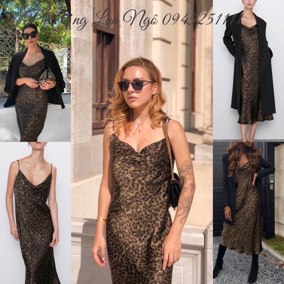 Váy lụa cổ đổ dáng dài họa tiết báo Zara Auth New Tag có sẵn 9479/251 9479251 bầu mặc được