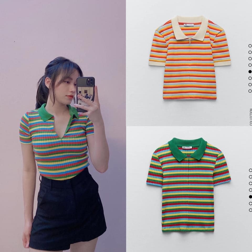 Áo thun gân cổ Polo khóa kéo viền xanh Zara Auth New Tag có sẵn 0264/808 0264808