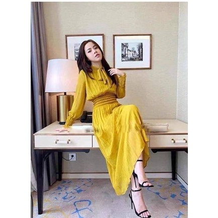 Váy dáng dài xếp ly nơ cổ Zara Auth New Tag có sẵn 9878/227 9878227