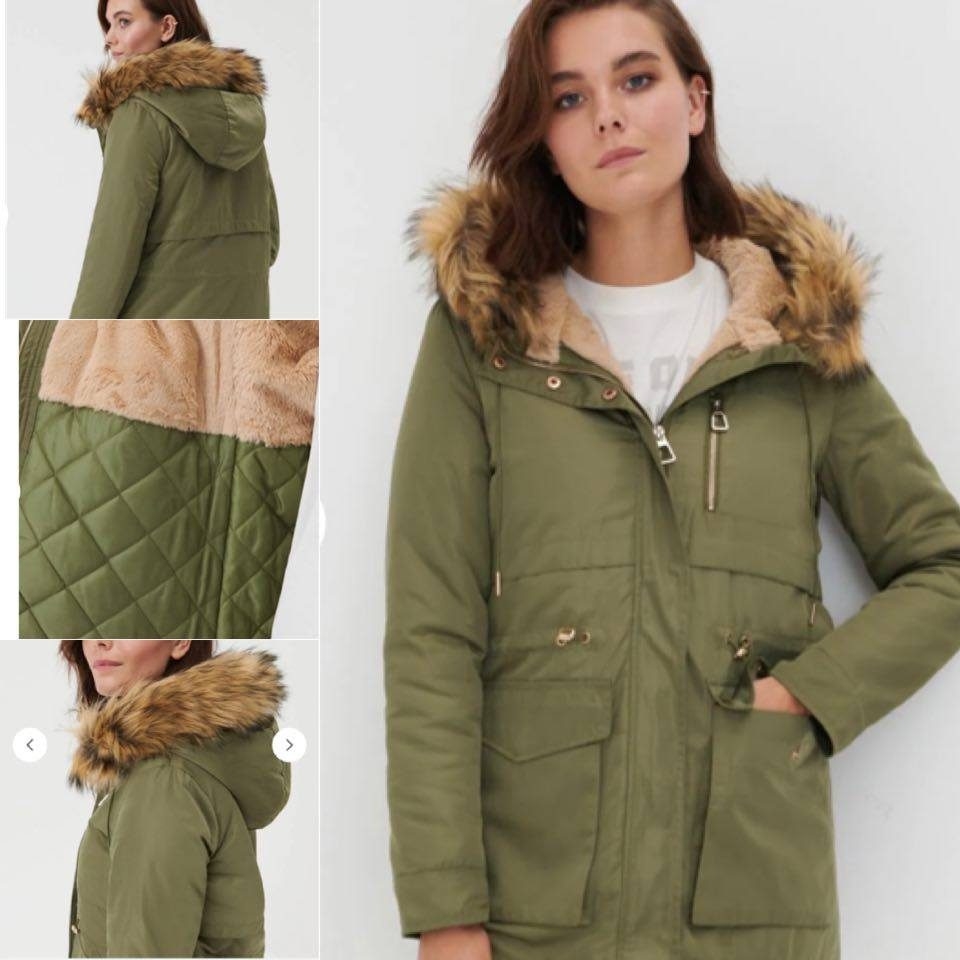 Áo khoác Parka lót lông, đai eo điều chỉnh, mũ lông liền, chống nước nhẹ Sinsay Auth New Tag có sẵn YX133-80X
