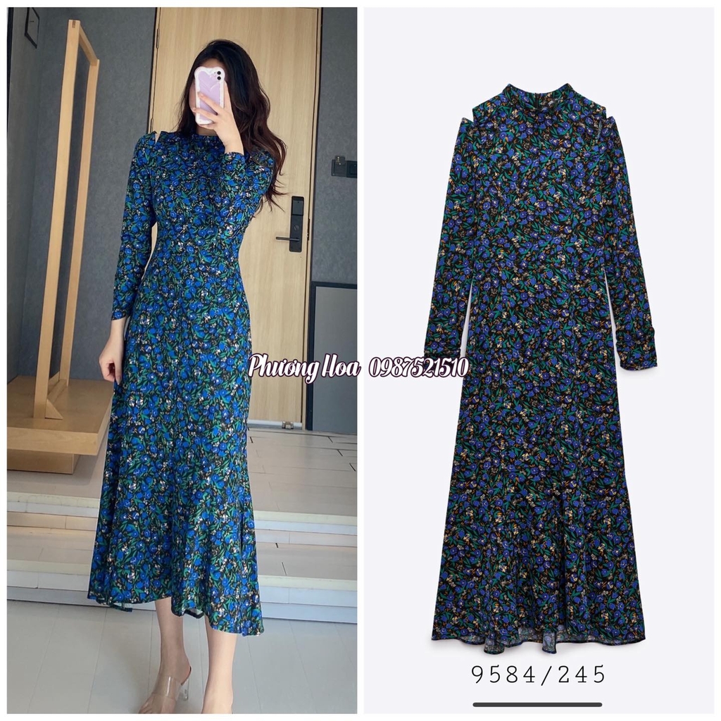 Váy dáng dài in hoa dài tay Zara Auth New Tag có sẵn 9584/245 9584245