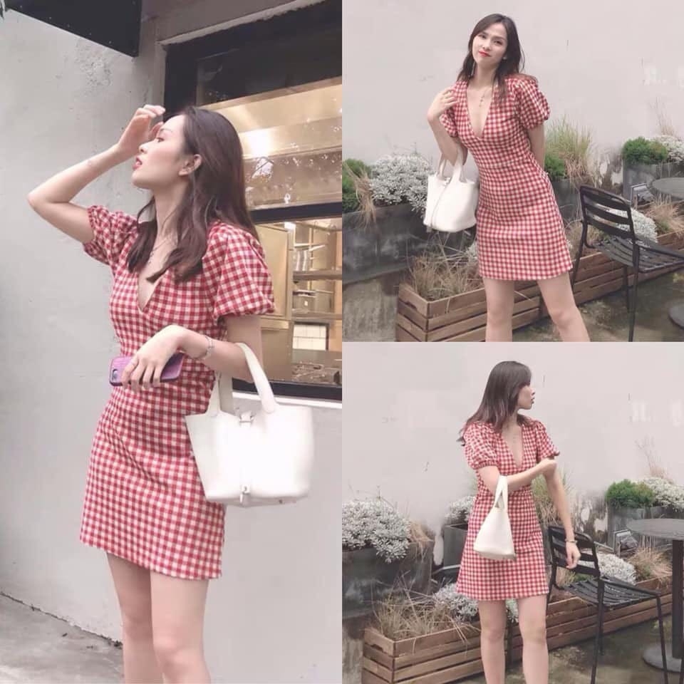 Váy Zara cổ V kẻ caro Auth new tag có sẵn