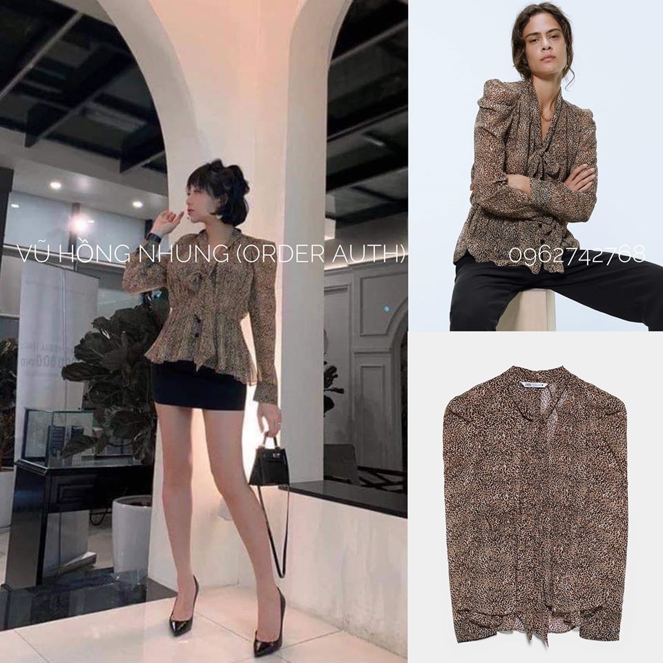 Áo blouse họa tiết báo nơ cổ Zara Auth New Tag có sẵn 8801/099 8801099
