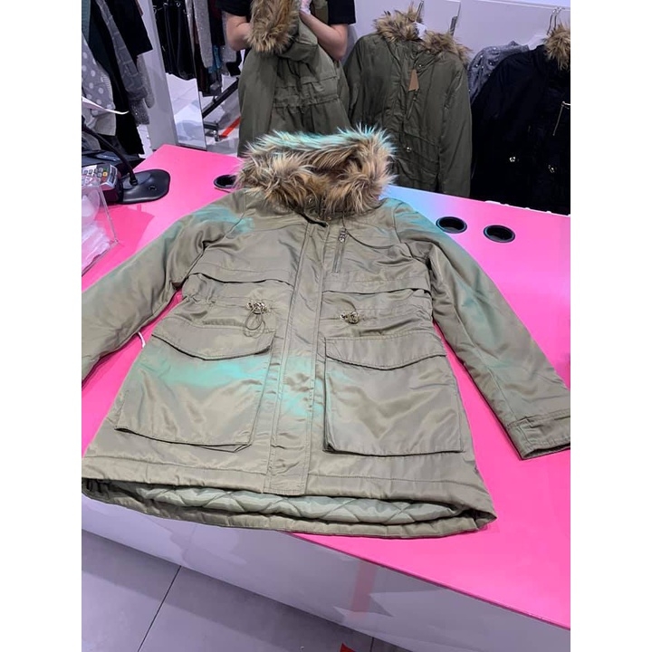 Áo khoác Parka lót lông, đai eo điều chỉnh, mũ lông liền, chống nước nhẹ Sinsay Auth New Tag có sẵn YX133-80X