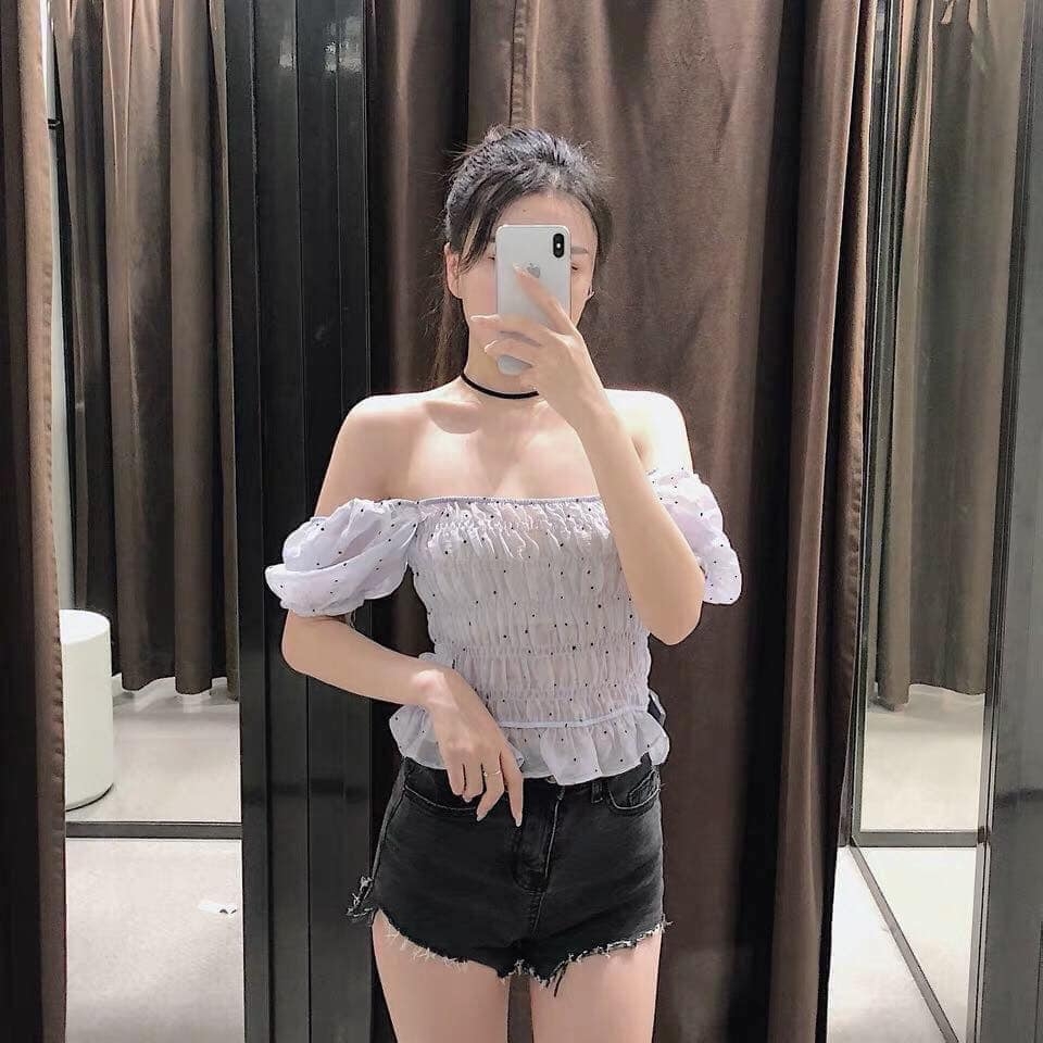 Áo croptop cổ vuông chun eo tay bồng form nhỏ Zara Auth New Tag có sẵn 3067/111 3067111