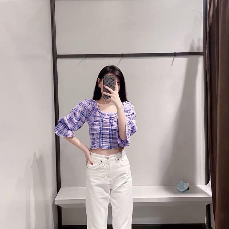 Áo croptop kẻ tím tay lỡ Zara Auth New Tag có sẵn 8574/028 8574028
