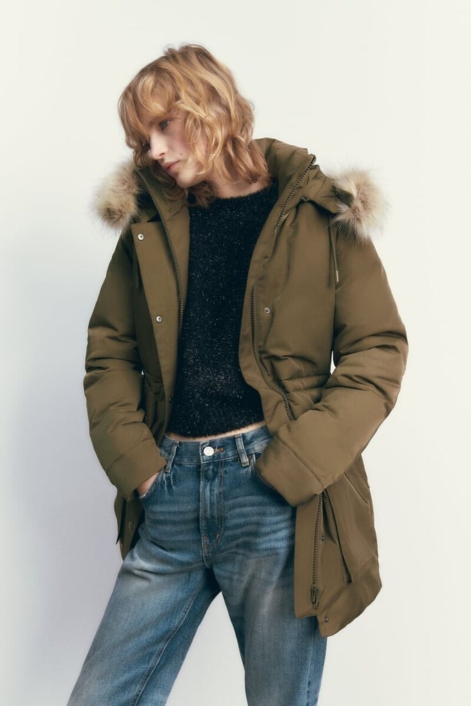 Áo khoác dáng dài chống nước có mũ, mũ/lông mũ có thể tháo rời, eo điều chỉnh Zara Auth New Tag có sẵn 0518/044 0518044