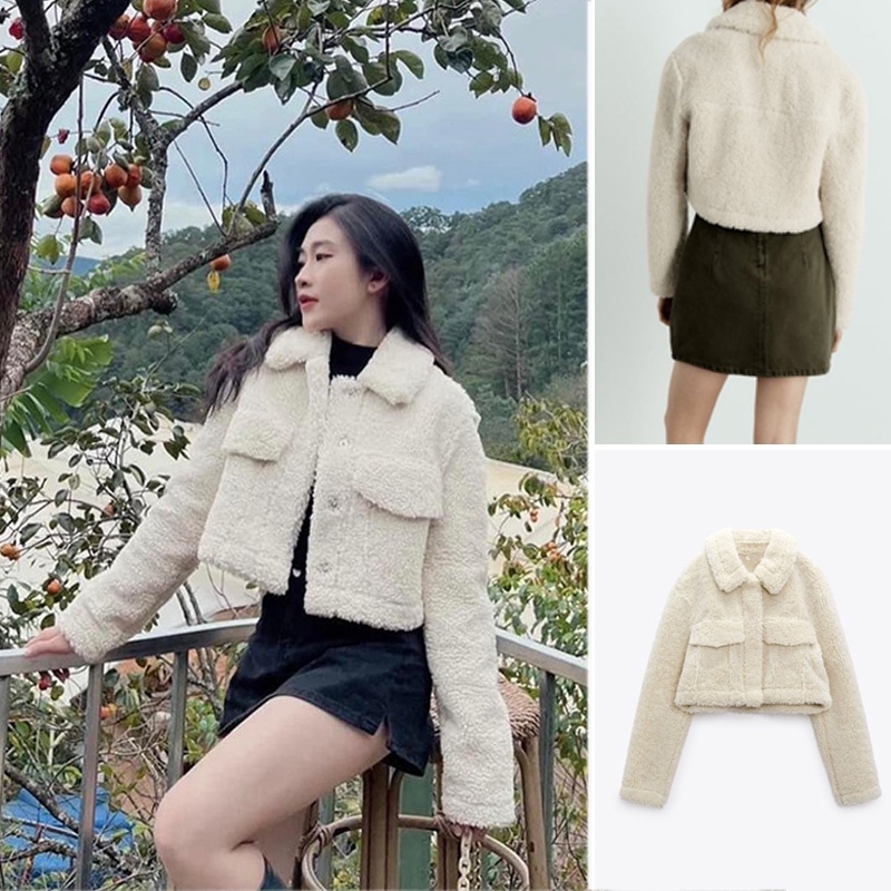Áo khoác lông mặt trong da lộn dáng ngắn Zara Auth New Tag có sẵn 4341/743 4341743