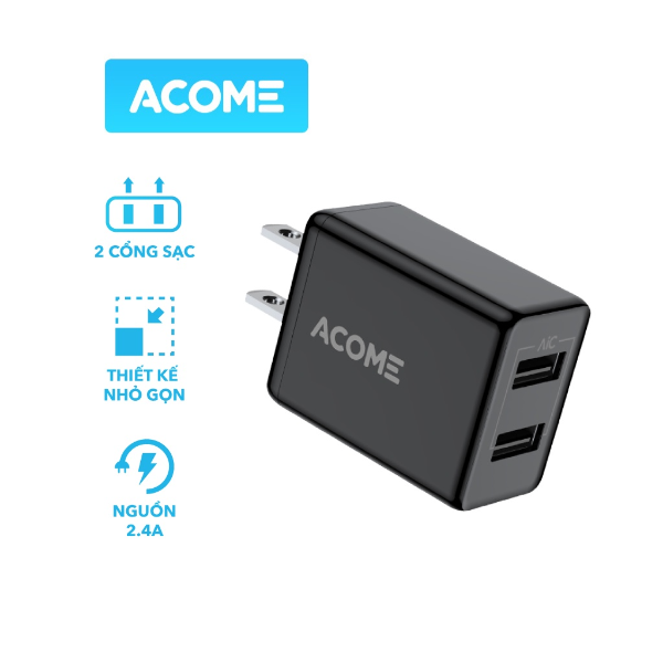 Củ sạc 2 cổng USB ACOME AC03U - Đen