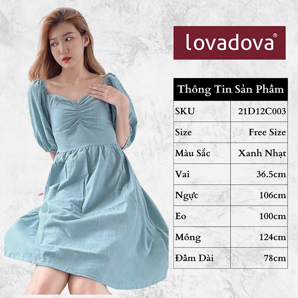 [HCM] Đầm dáng xòe, dài tay, cách điệu nhún ngực, eo, tay áo Lovadova 21D12C003 - Xanh nhạt