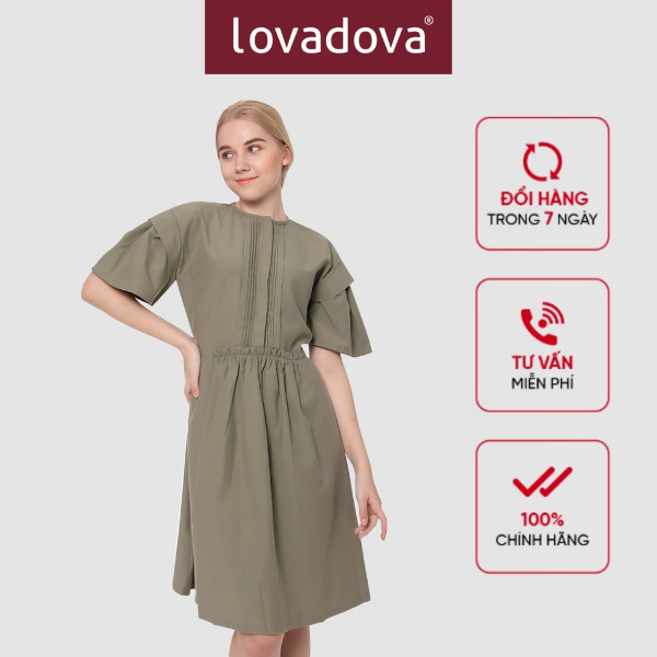 [HCM] Đầm xòe xếp ly tay kiểu Lovadova 19D11C007 - Nâu xám