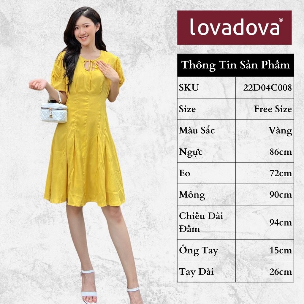 [HCM] Đầm dáng suông, ngắn tay, cách điệu có dây buộc ở ngực, khóa kéo sau Lovadova 22D04C008 - Vàng