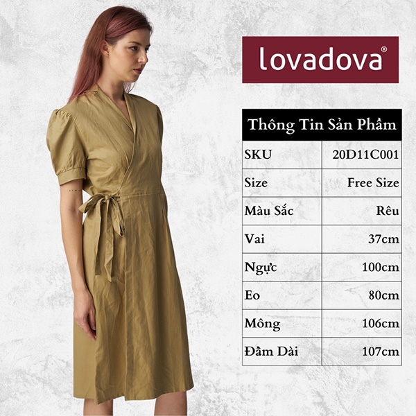 [HCM] Đầm cổ vest cột eo Lovadova 20D11C001 - Rêu
